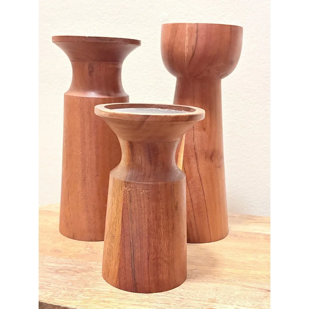 Vintage MCM Hand Turned Wood Pillar Candle Holder Set of 3 Trio